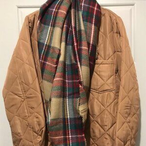 ACTIVE USA QUILTED ZIPPERED TAN LIGHTWEIGHT SPRING JACKET + PLAID INFINITY SCARF
